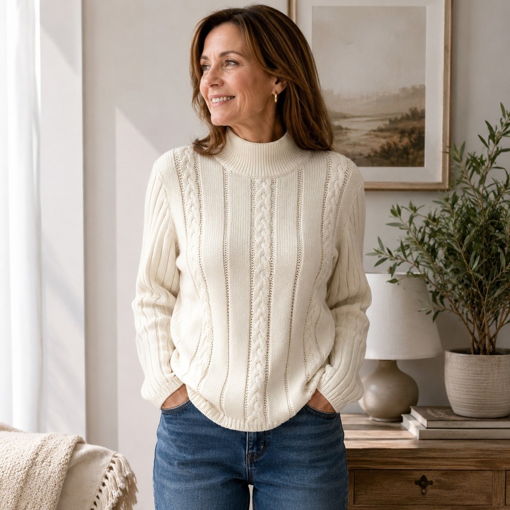 Vintage Yarnworks Cable Knit Mock Neck Sweater Ivory Cotton M 8/10